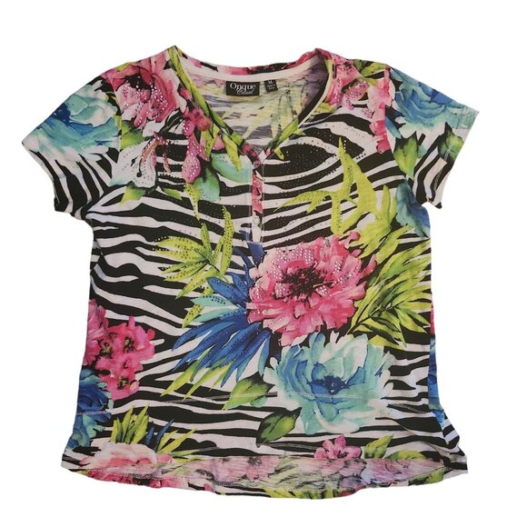 Onque Casual Floral and Zebra Print Top with Rhinestones Size M - Picture 1 of 9